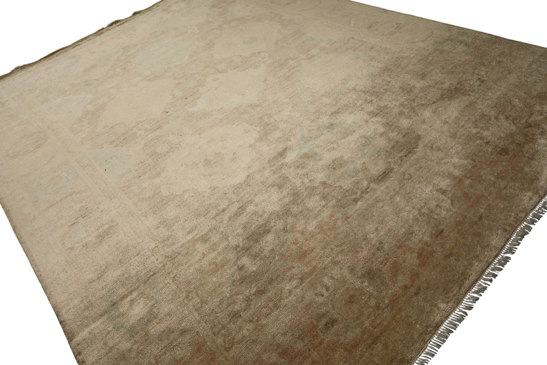 8x10 Beige, Brown, Celadon Gold Color Hand Knotted Oushak Wool Traditional Oriental Rug
