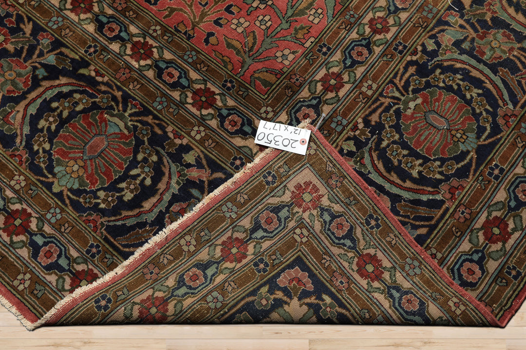Oversize Antique Rose, Navy, Brown Color Hand Knotted Sarouk Wool Traditional Oriental Rug