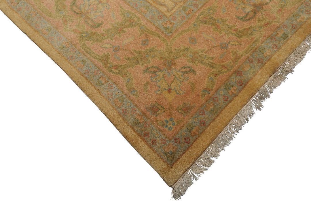 9x12 Light Gold, Brown, Green Color Hand Knotted Oushak Wool Traditional Oriental Rug