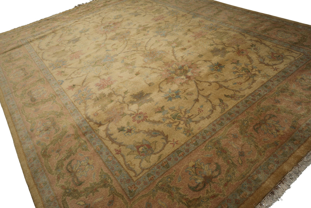9x12 Light Gold, Brown, Green Color Hand Knotted Oushak Wool Traditional Oriental Rug