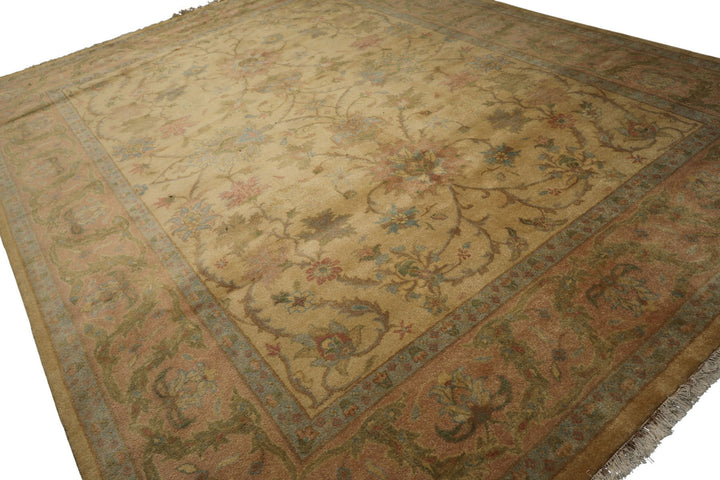9x12 Light Gold, Brown, Green Color Hand Knotted Oushak Wool Traditional Oriental Rug