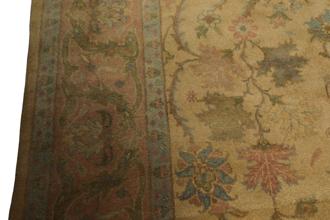 9x12 Light Gold, Brown, Green Color Hand Knotted Oushak Wool Traditional Oriental Rug