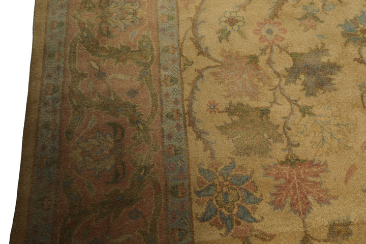 9x12 Light Gold, Brown, Green Color Hand Knotted Oushak Wool Traditional Oriental Rug