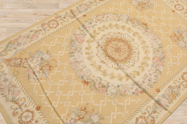 4x6 Khaki, Beige, Blush Color Hand Woven French Aubusson Wool Traditional Oriental Rug