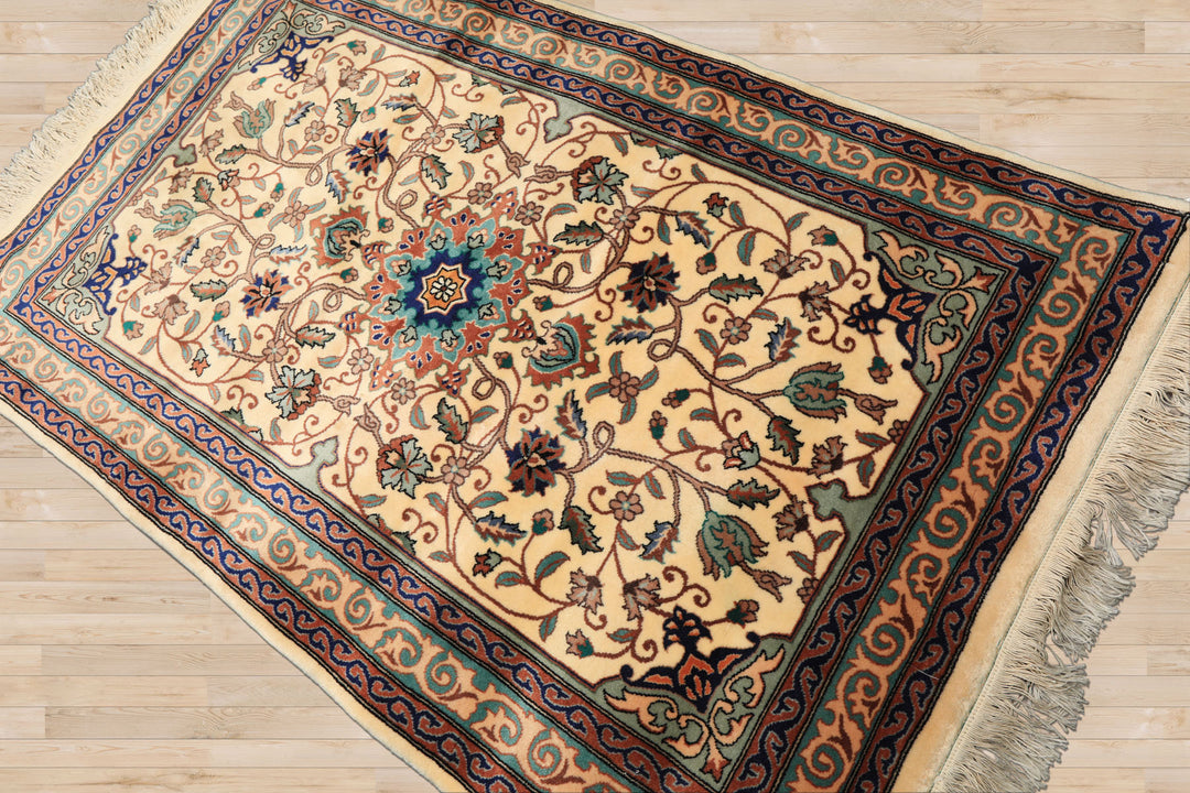 3x5 Ivory, Navy, Turquoise Color Hand Knotted French Aubusson Savonerrie Wool Traditional Oriental Rug