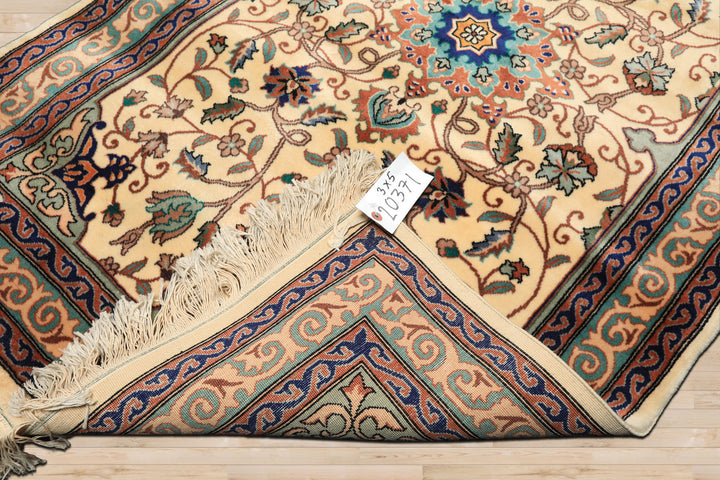 3x5 Ivory, Navy, Turquoise Color Hand Knotted French Aubusson Savonerrie Wool Traditional Oriental Rug