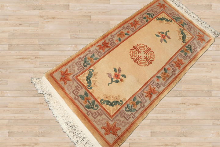 2x4 Ivory, Taupe, Brown Color Hand Knotted Chinese Art Deco Wool Traditional Oriental Rug