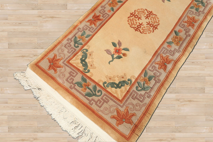 2x4 Ivory, Taupe, Brown Color Hand Knotted Chinese Art Deco Wool Traditional Oriental Rug