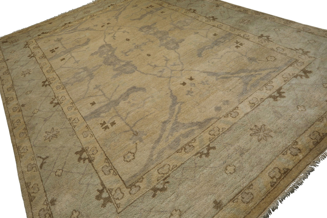 9x12 Beige, Seafoam, Brown Color Hand Knotted Oushak Wool Transitional Oriental Rug
