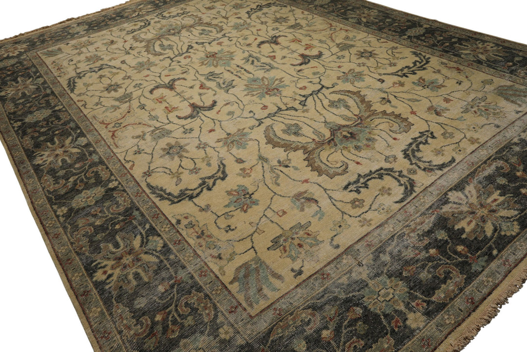 9x12 Beige, Gray, Aqua Color Hand Knotted  Wool Transitional Oriental Rug