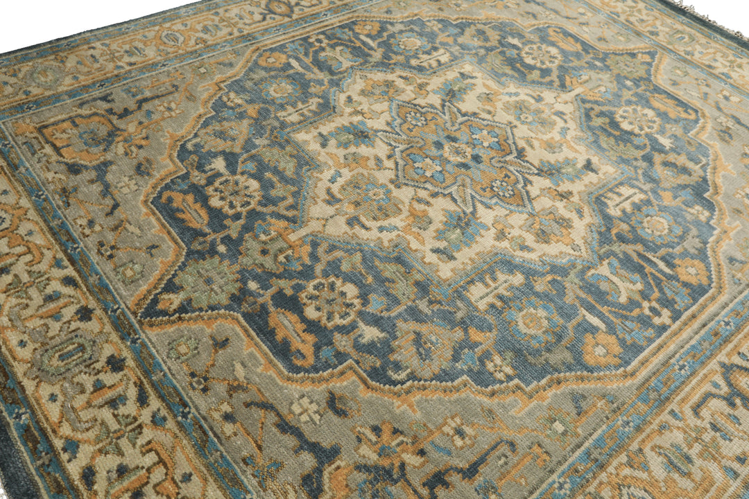 8x10 Blue, Beige, Gold Color Hand Knotted Oushak Wool Traditional Oriental Rug