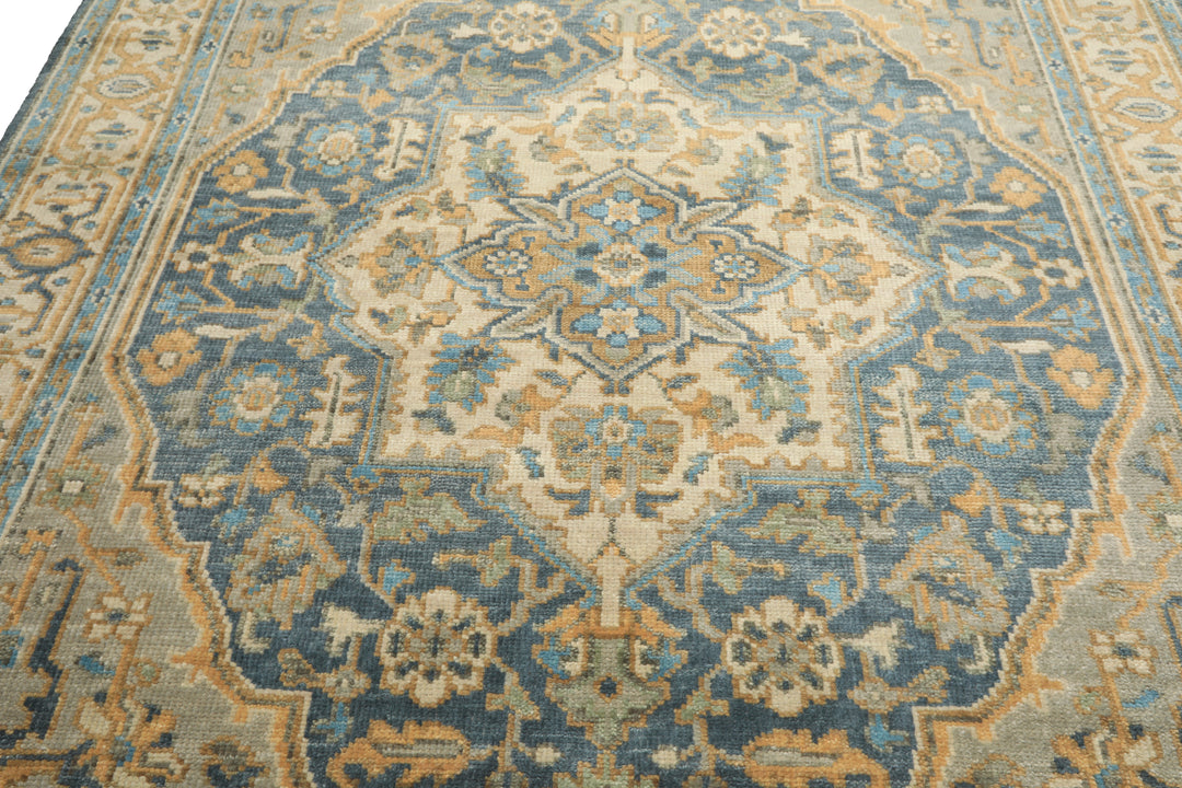8x10 Blue, Beige, Gold Color Hand Knotted Oushak Wool Traditional Oriental Rug