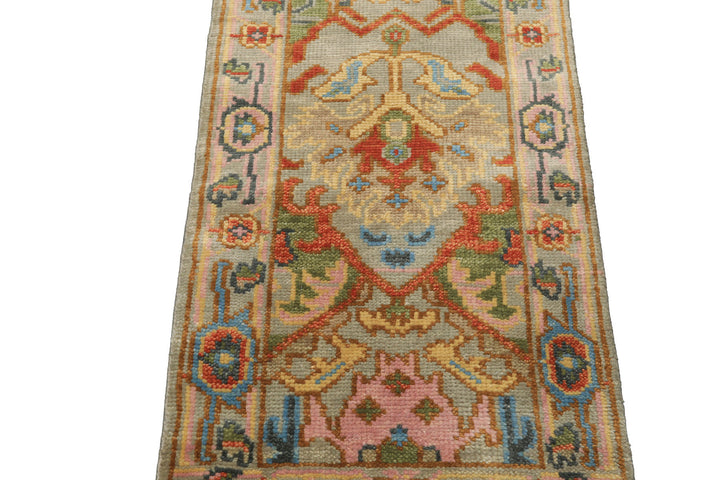 Runner Gray, Mint, Blush Color Hand Knotted Oushak Wool Traditional Oriental Rug