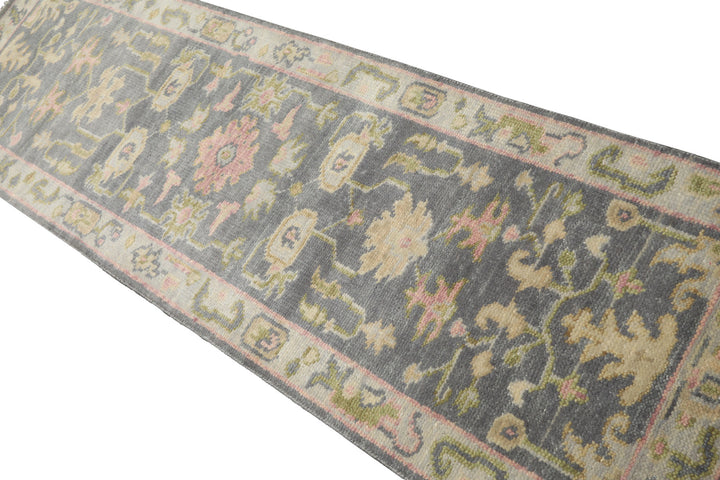 Runner Gray, Mint, Beige Color Hand Knotted Oushak Wool Traditional Oriental Rug