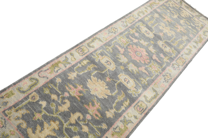Runner Gray, Mint, Beige Color Hand Knotted Oushak Wool Traditional Oriental Rug