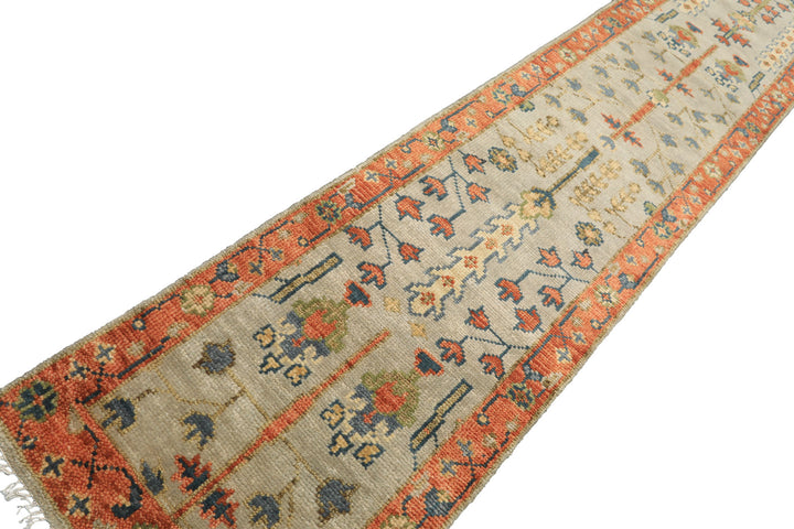 Runner Gray, Mint, Beige Color Hand Knotted Oushak Wool Traditional Oriental Rug