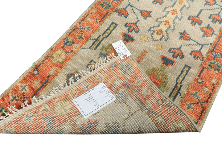 Runner Gray, Mint, Beige Color Hand Knotted Oushak Wool Traditional Oriental Rug