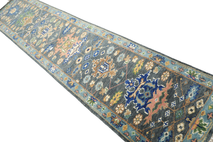 Runner Slate, Aqua, Navy Color Hand Knotted Oushak Wool Traditional Oriental Rug