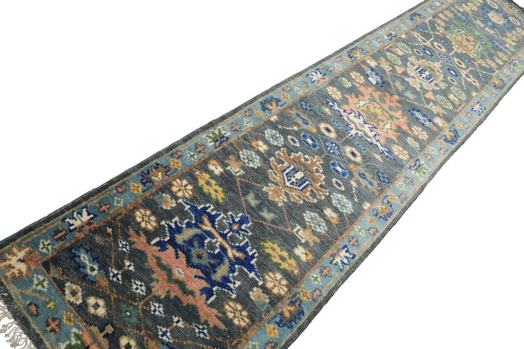 Runner Slate, Aqua, Navy Color Hand Knotted Oushak Wool Traditional Oriental Rug