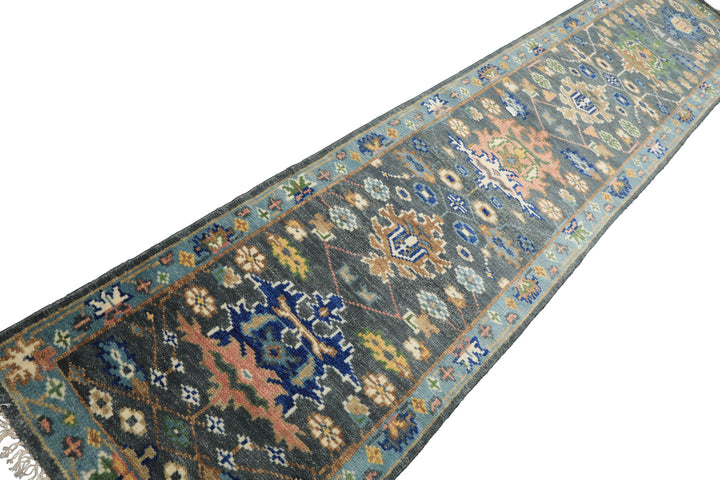 Runner Slate, Aqua, Navy Color Hand Knotted Oushak Wool Traditional Oriental Rug