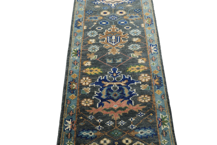Runner Slate, Aqua, Navy Color Hand Knotted Oushak Wool Traditional Oriental Rug