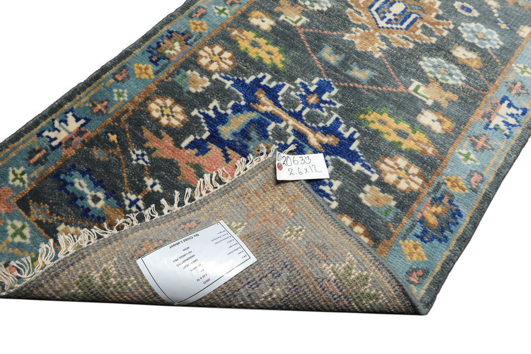 Runner Slate, Aqua, Navy Color Hand Knotted Oushak Wool Traditional Oriental Rug
