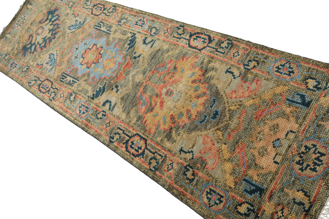 Runner Moss, Gold, Blush Color Hand Knotted Oushak Wool Traditional Oriental Rug