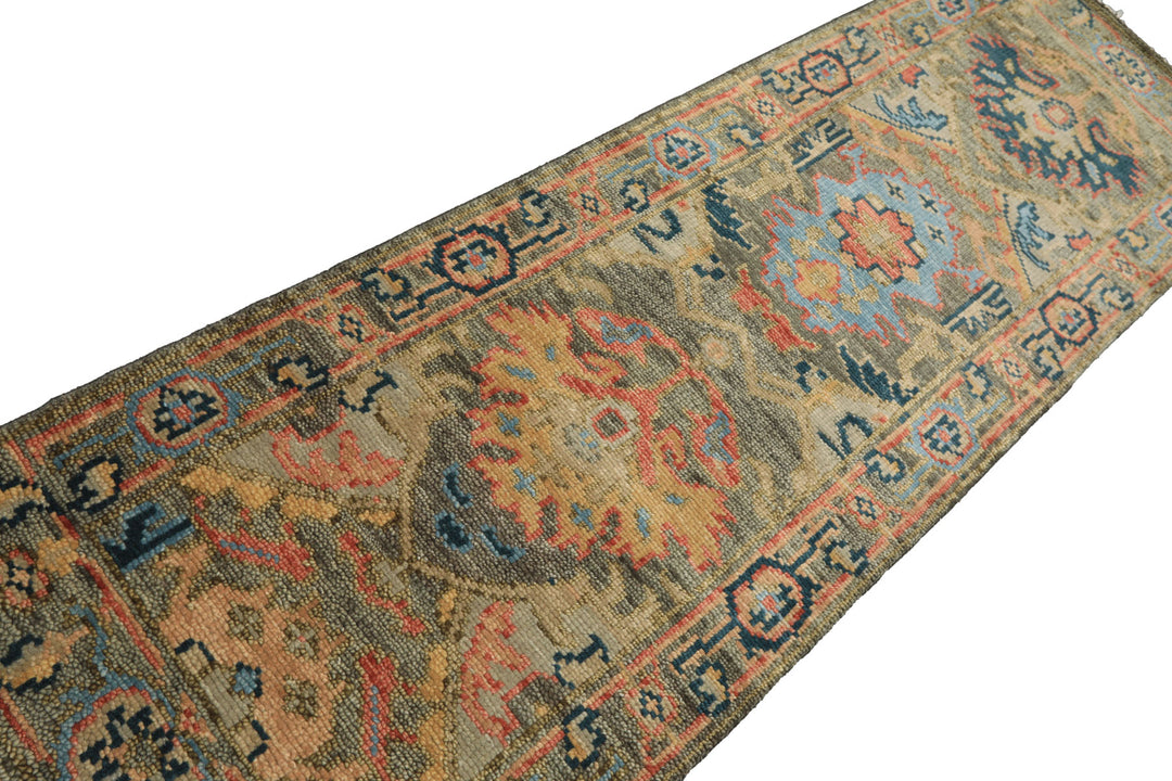 Runner Moss, Gold, Blush Color Hand Knotted Oushak Wool Traditional Oriental Rug