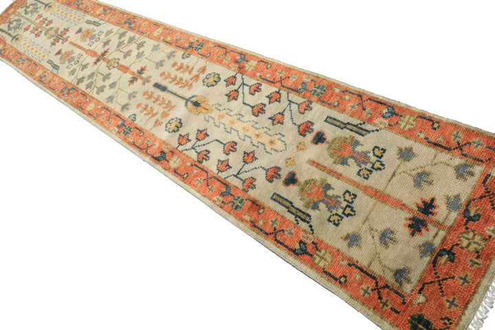 Runner Beige, Burnt Orange, Lime Color Hand Knotted Oushak Wool Traditional Oriental Rug