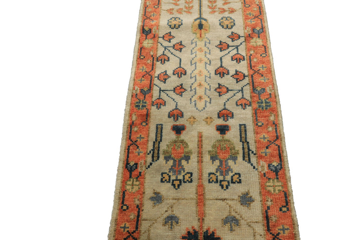 Runner Beige, Burnt Orange, Lime Color Hand Knotted Oushak Wool Traditional Oriental Rug