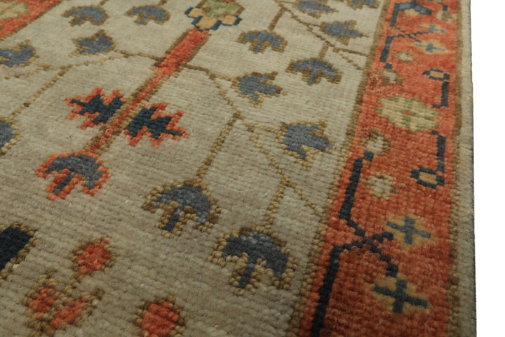 Runner Beige, Burnt Orange, Lime Color Hand Knotted Oushak Wool Traditional Oriental Rug