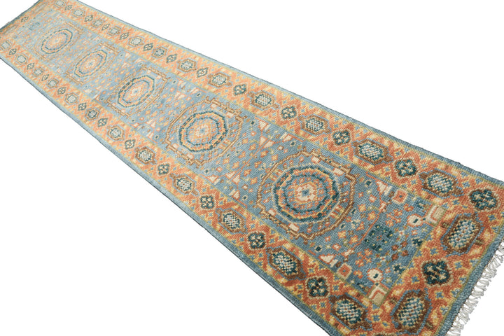 Runner Aqua, Burnt Orange, Lime Color Hand Knotted Oushak Wool Traditional Oriental Rug