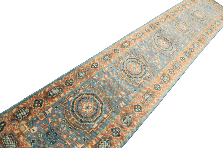 Runner Aqua, Burnt Orange, Lime Color Hand Knotted Oushak Wool Traditional Oriental Rug