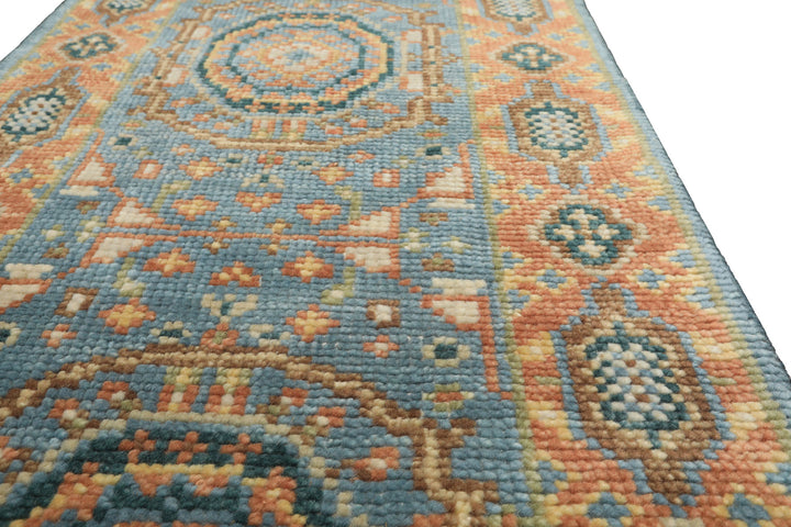 Runner Aqua, Burnt Orange, Lime Color Hand Knotted Oushak Wool Traditional Oriental Rug