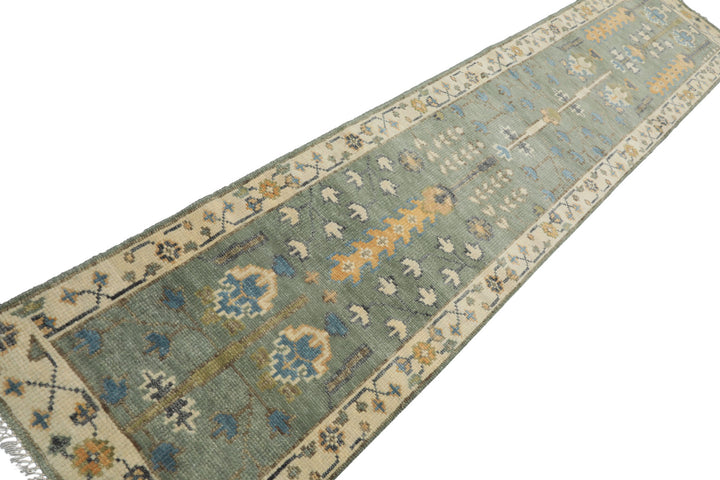 Runner Celadon, Ivory, Caramel Color Hand Knotted Oushak Wool Traditional Oriental Rug