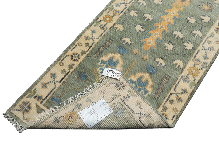 Runner Celadon, Ivory, Caramel Color Hand Knotted Oushak Wool Traditional Oriental Rug