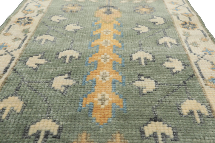 Runner Celadon, Ivory, Caramel Color Hand Knotted Oushak Wool Traditional Oriental Rug