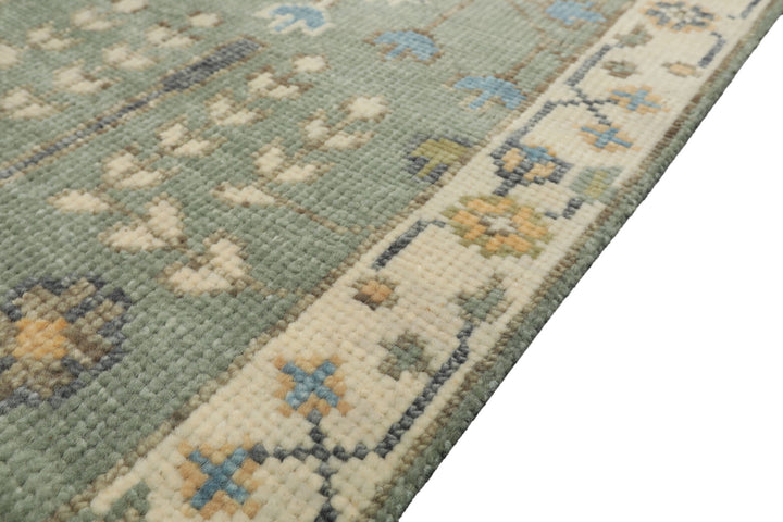 Runner Celadon, Ivory, Caramel Color Hand Knotted Oushak Wool Traditional Oriental Rug