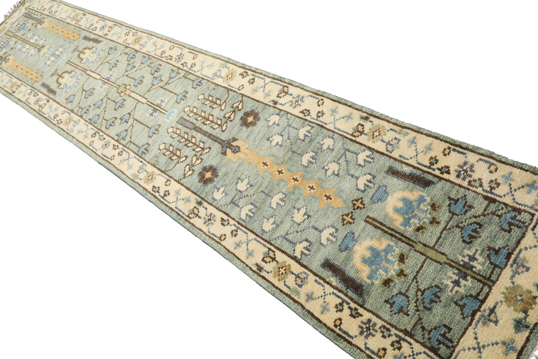Runner Celadon, Ivory, Brown Color Hand Knotted Oushak Wool Traditional Oriental Rug