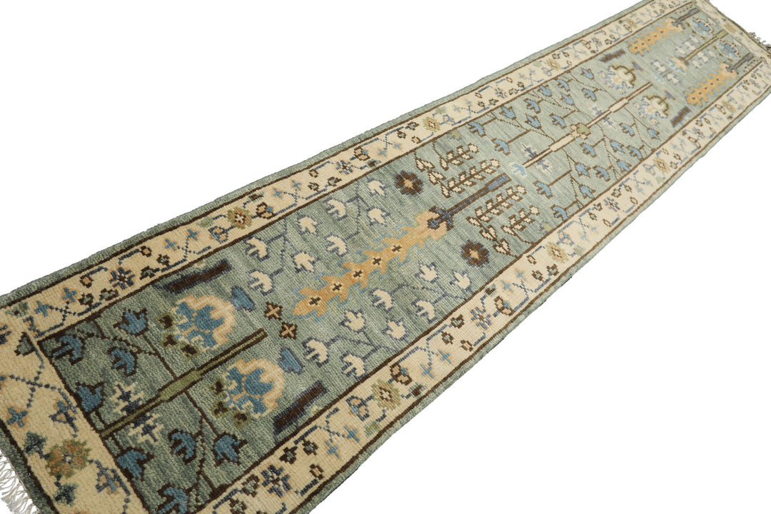 Runner Celadon, Ivory, Brown Color Hand Knotted Oushak Wool Traditional Oriental Rug