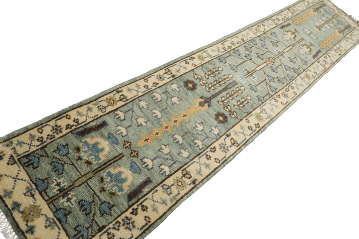 Runner Celadon, Ivory, Brown Color Hand Knotted Oushak Wool Traditional Oriental Rug