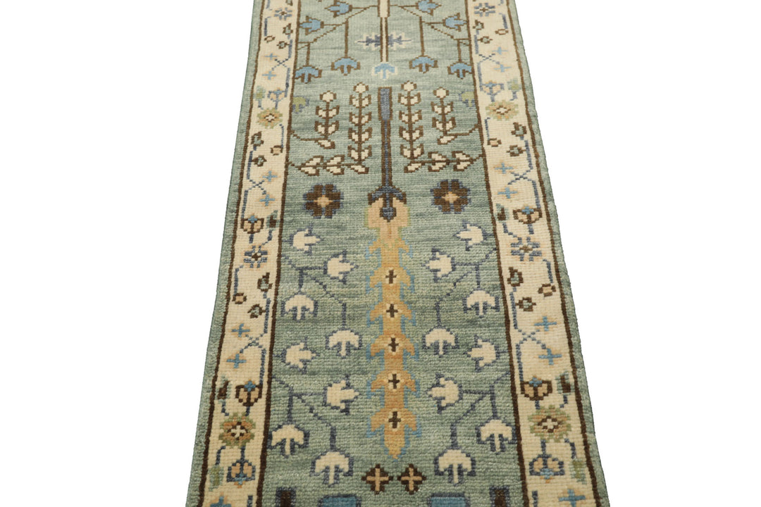 Runner Celadon, Ivory, Brown Color Hand Knotted Oushak Wool Traditional Oriental Rug