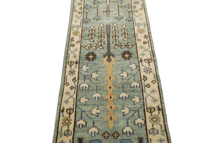 Runner Celadon, Ivory, Brown Color Hand Knotted Oushak Wool Traditional Oriental Rug