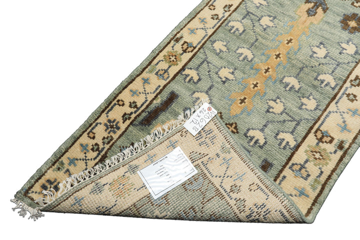 Runner Celadon, Ivory, Brown Color Hand Knotted Oushak Wool Traditional Oriental Rug