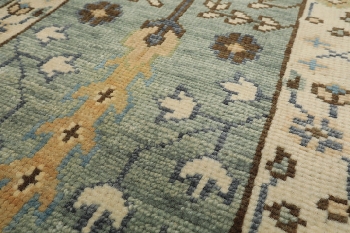 Runner Celadon, Ivory, Brown Color Hand Knotted Oushak Wool Traditional Oriental Rug