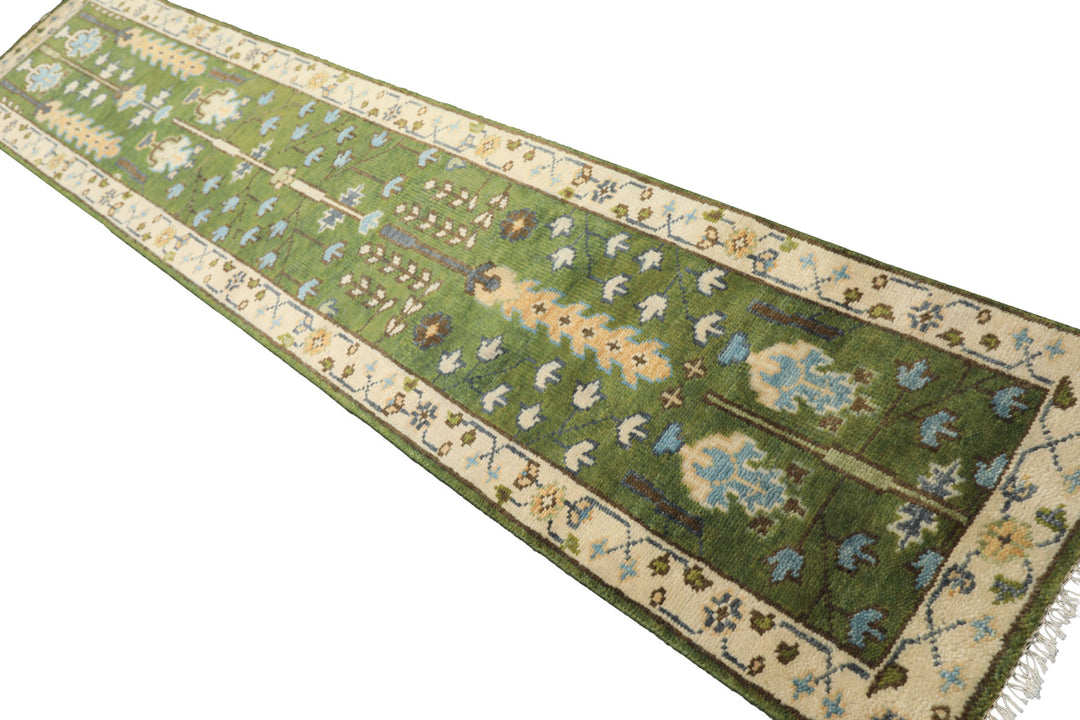 Runner Green, Ivory, Brown Color Hand Knotted Oushak Wool Traditional Oriental Rug