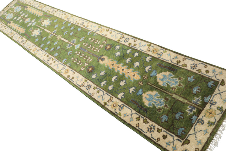 Runner Green, Ivory, Brown Color Hand Knotted Oushak Wool Traditional Oriental Rug