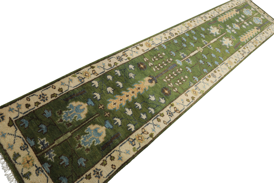 Runner Green, Ivory, Brown Color Hand Knotted Oushak Wool Traditional Oriental Rug