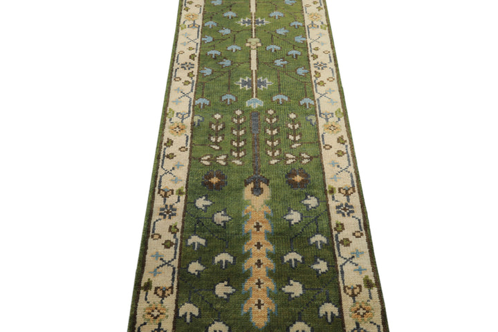 Runner Green, Ivory, Brown Color Hand Knotted Oushak Wool Traditional Oriental Rug