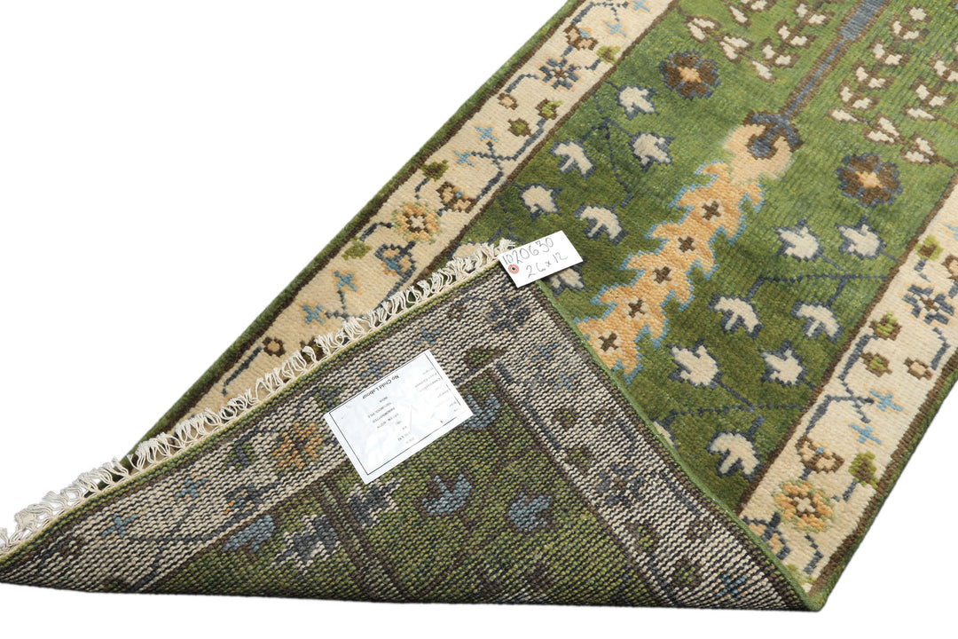 Runner Green, Ivory, Brown Color Hand Knotted Oushak Wool Traditional Oriental Rug